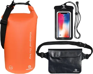 Waterproof Dry Bags Set of 3 Dry Bag with 2 Zip Lock Seals & Detachable Shoulder Strap, Waist Pouch & Phone Case - Can Be Submerged Into Water - for Swimming (Orange, 10L)