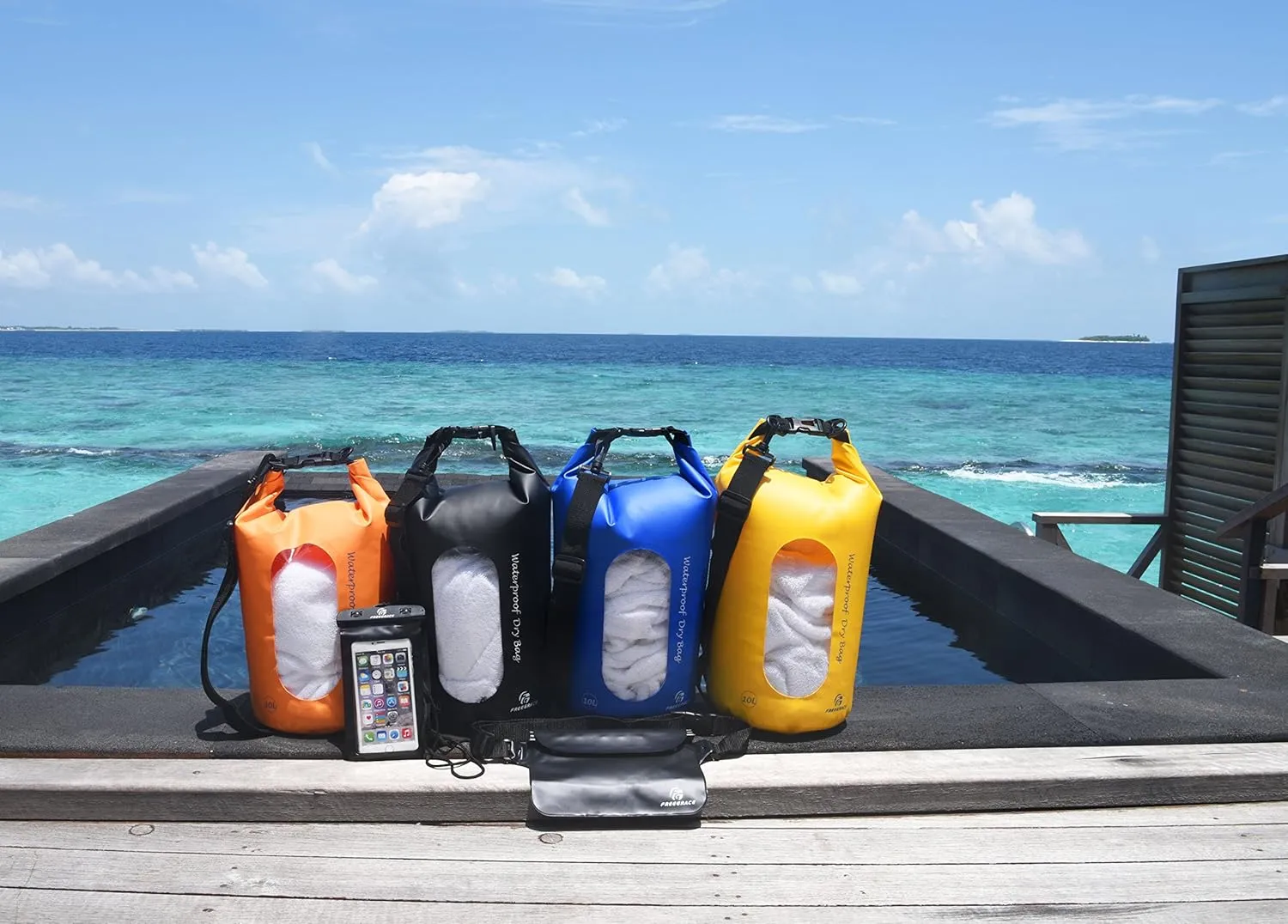 Waterproof Dry Bags Set of 3 Dry Bag with 2 Zip Lock Seals & Detachable Shoulder Strap, Waist Pouch & Phone Case - Can Be Submerged Into Water - for Swimming (Orange(Window), 20L)