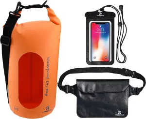 Waterproof Dry Bags Set of 3 Dry Bag with 2 Zip Lock Seals & Detachable Shoulder Strap, Waist Pouch & Phone Case - Can Be Submerged Into Water - for Swimming (Orange(Window), 20L)