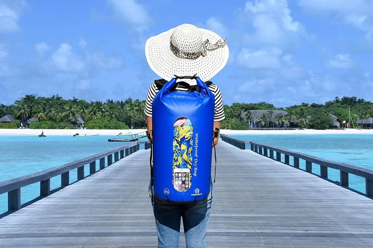 Waterproof Dry Bags Set of 3 - Dry Bag with 2 Zip Lock Seals, Waist Pouch & Phone Case - Can Be Submerged Into Water for Swimming, Kayak, Rafting & Boating (Window, Navy Blue, 35L)