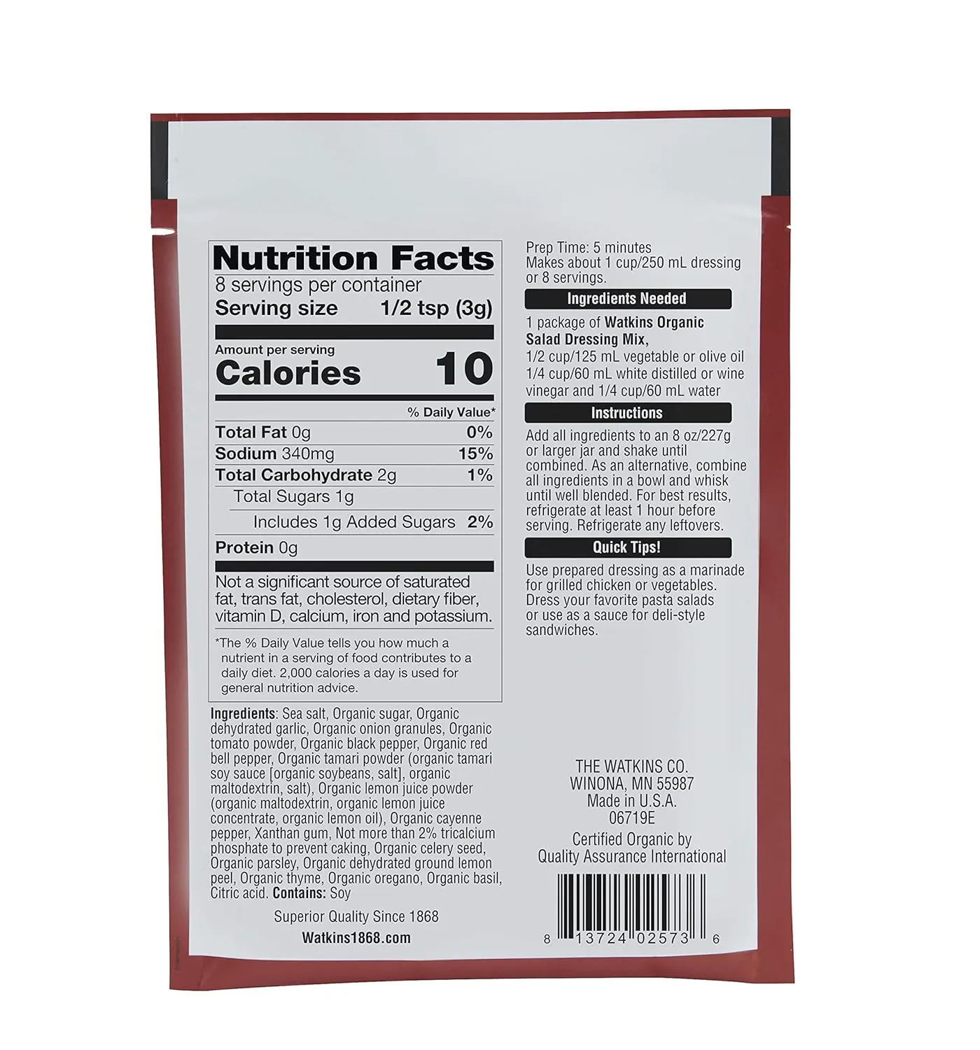 Watkins Organic Italian Salad Dressing Mix, 0.85 oz. Packets, 12-Pack
