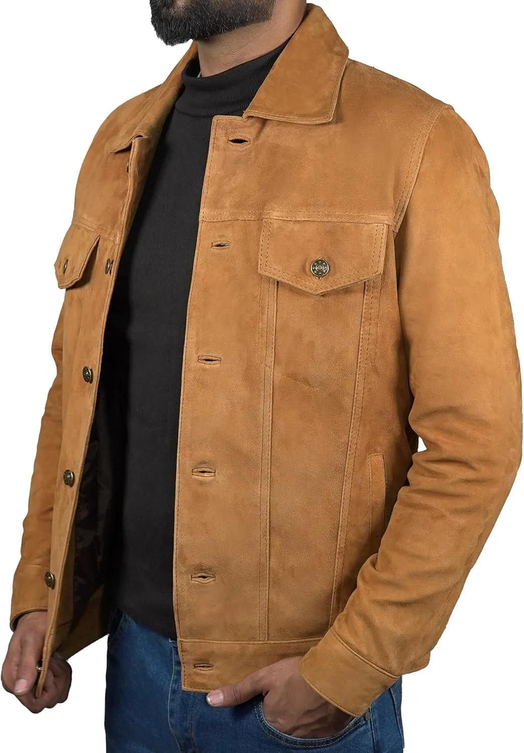 Western Cowboy Trucker Suede Leather Jacket | Men's Casual Suede Jackets for Men