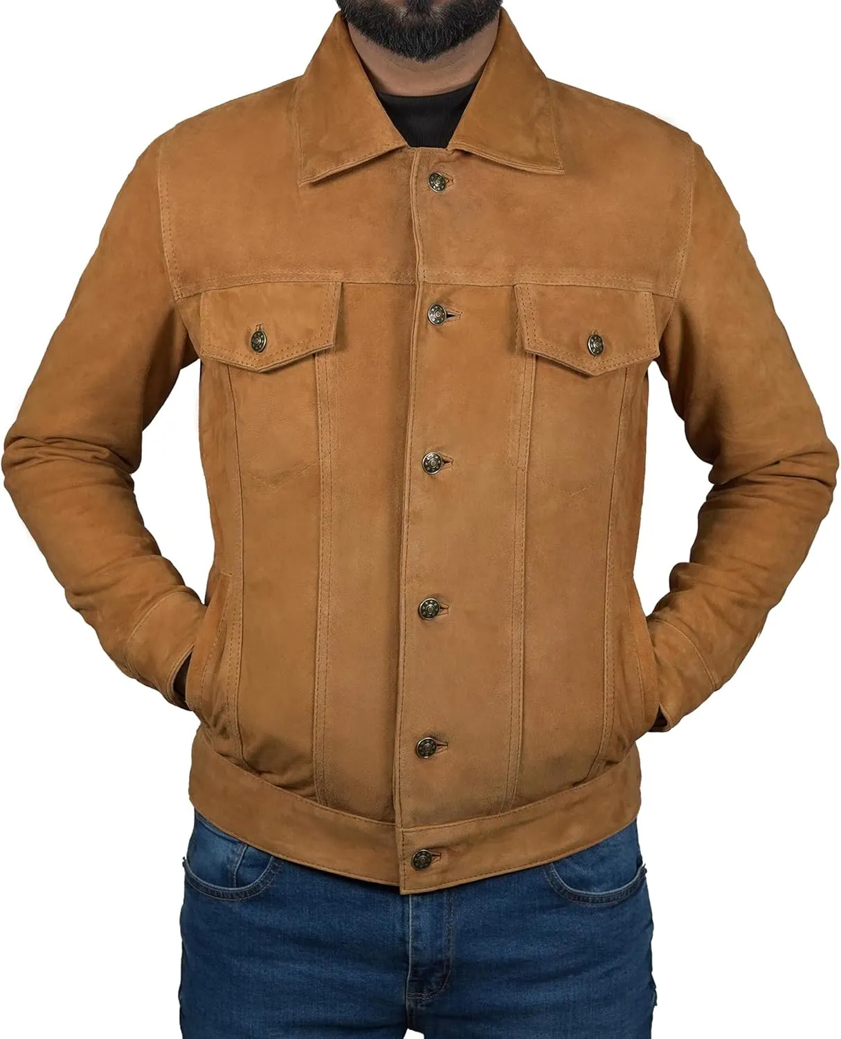 Western Cowboy Trucker Suede Leather Jacket | Men's Casual Suede Jackets for Men