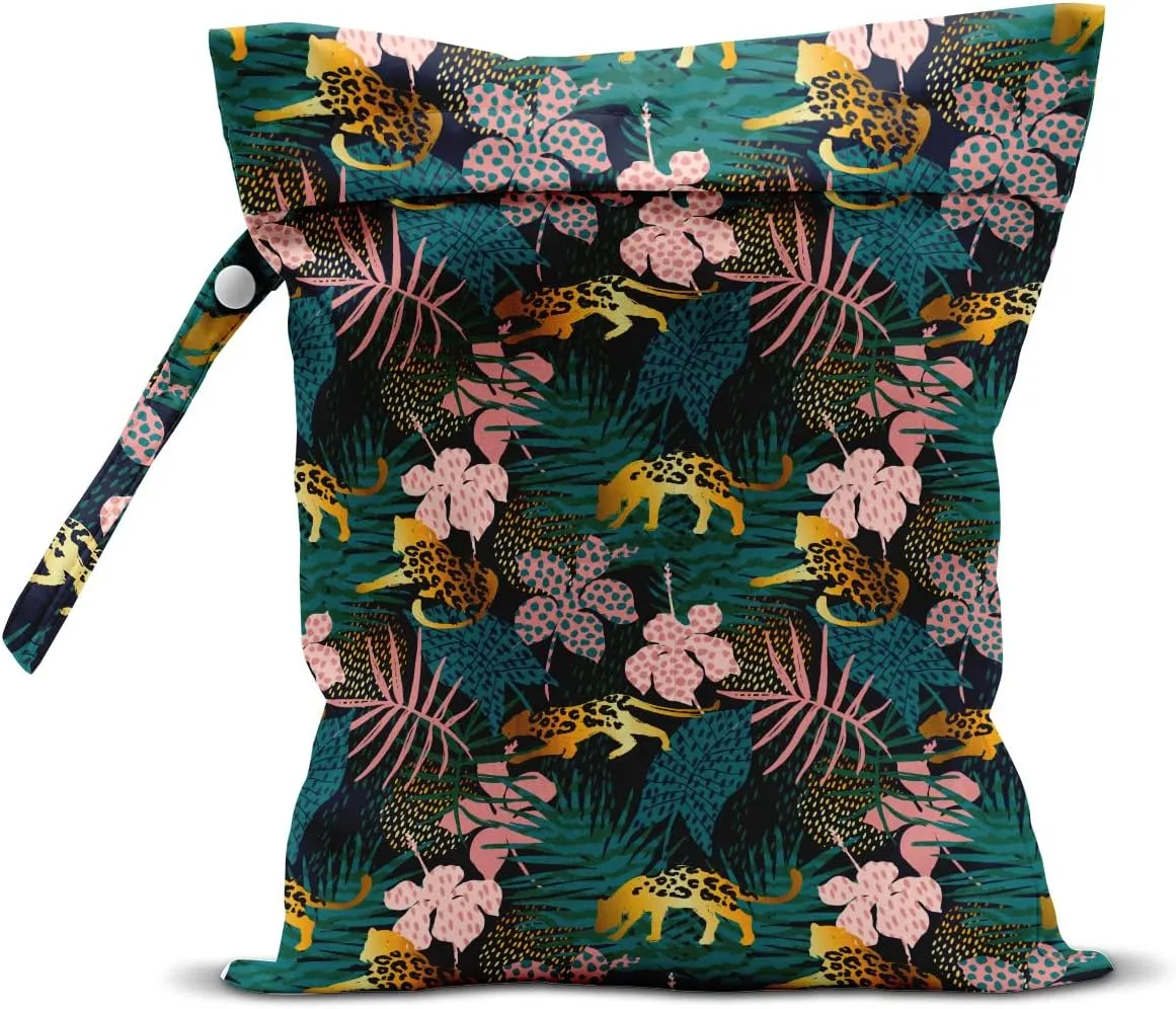 Wet Dry Bag, Wet Bag for Swimsuit, Travel, Beach, Pool, Diapers, Dirty Gym Clothes, Makeup Bag, Camping Accessories, Waterproof Reusable Jungle Tropical Leaves Cheetah Print