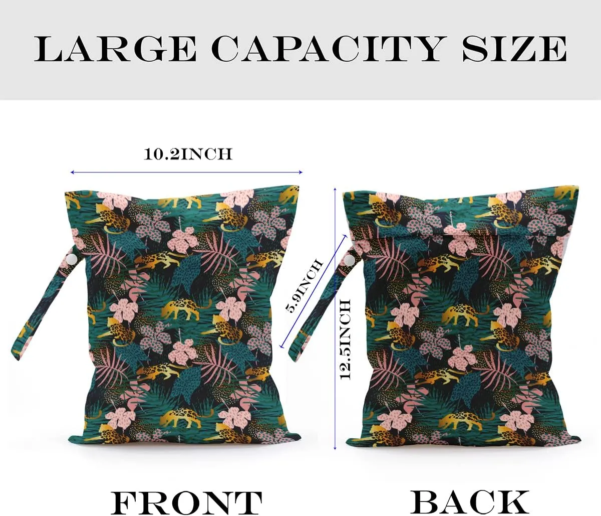 Wet Dry Bag, Wet Bag for Swimsuit, Travel, Beach, Pool, Diapers, Dirty Gym Clothes, Makeup Bag, Camping Accessories, Waterproof Reusable Jungle Tropical Leaves Cheetah Print