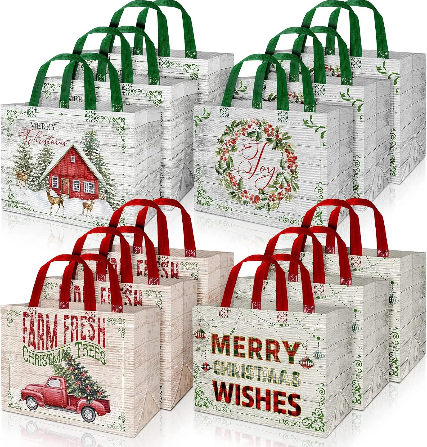Whaline 16 Pack Christmas Non-Woven Bags Rustic Wood Grain Truck Tree Pattern Reusable Tote Gift Bag Merry Christmas Shopping Totes with Handles for Xmas Holiday Party Favor Supplies, 4 Designs