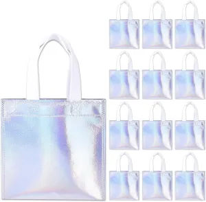 Whaline 24 Pieces 8''x8'' Non-Woven Small Party Bags, Holographic Gift Handled Bags, Reusable Candy Goodie Bags, DIY Craft Bags, Glossy Tote Bags for Birthday, Holiday, Event (Iridescent Color)