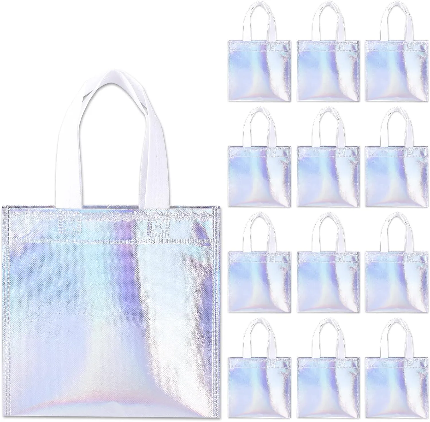 Whaline 24 Pieces 8''x8'' Non-Woven Small Party Bags, Holographic Gift Handled Bags, Reusable Candy Goodie Bags, DIY Craft Bags, Glossy Tote Bags for Birthday, Holiday, Event (Iridescent Color)
