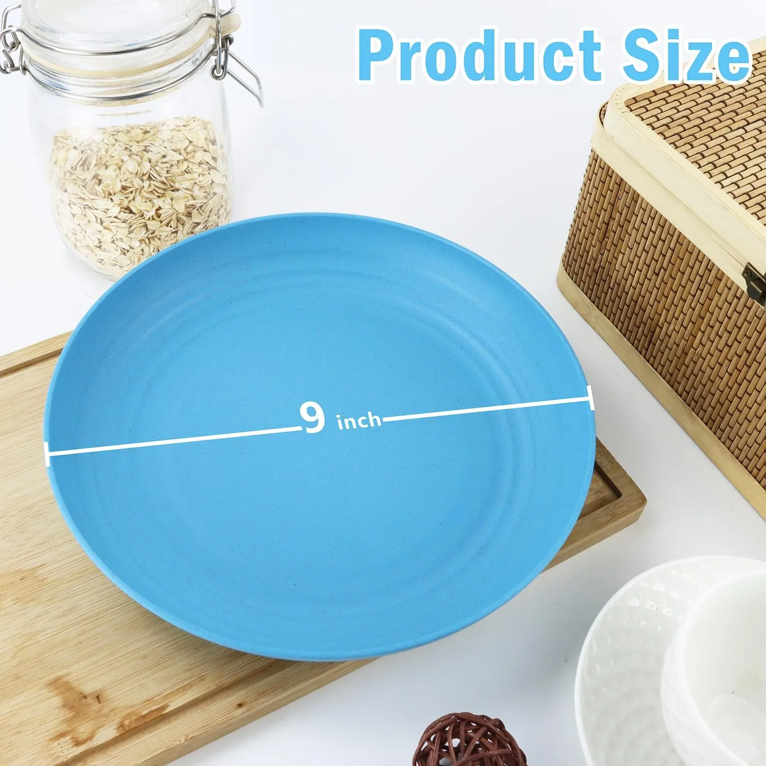 Wheat Straw Dinner Plates, 9 Inch Deep Set of 8, Lightweight & Unbreakable, Microwave & Dishwasher Safe Kids Plates (Blue Series)