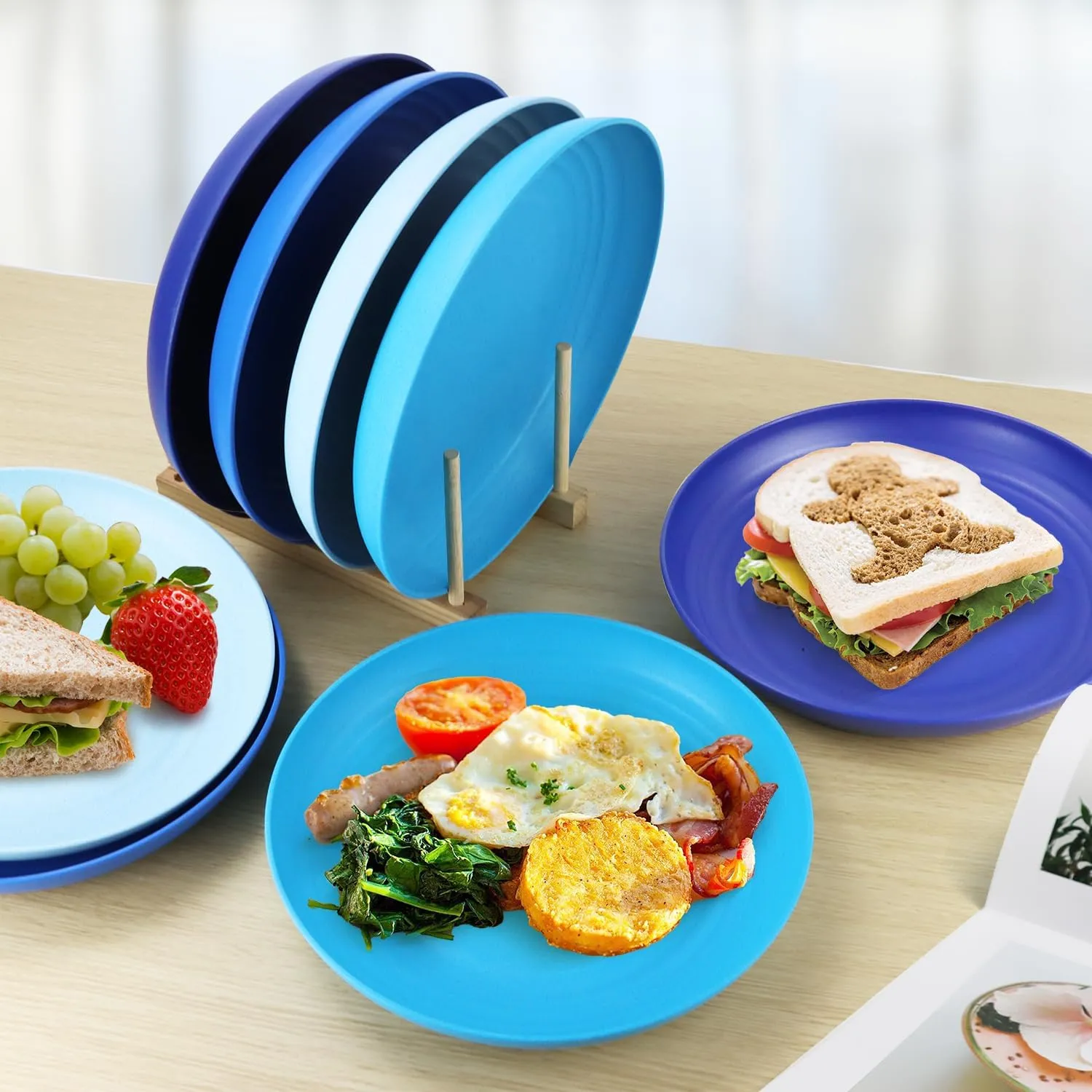 Wheat Straw Dinner Plates, 9 Inch Deep Set of 8, Lightweight & Unbreakable, Microwave & Dishwasher Safe Kids Plates (Blue Series)