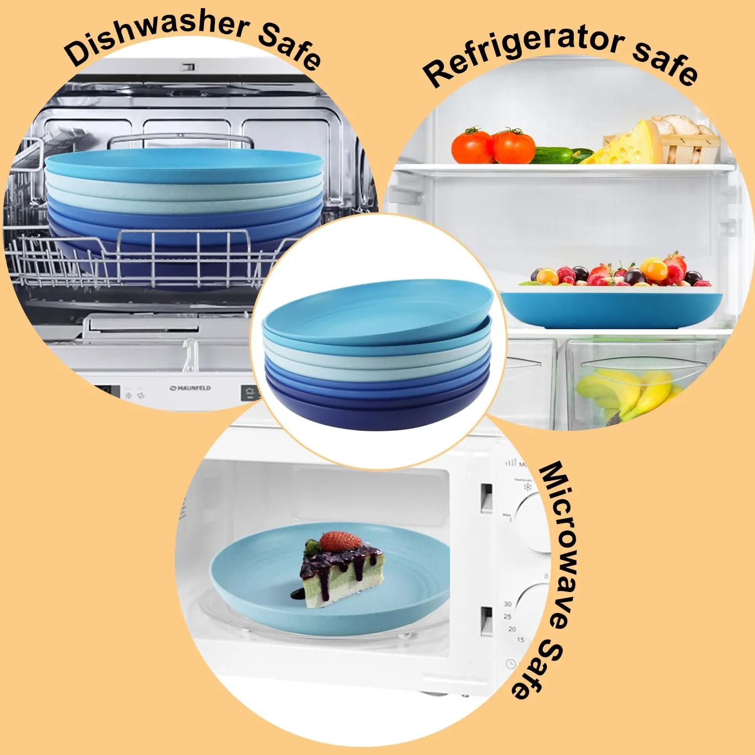 Wheat Straw Dinner Plates, 9 Inch Deep Set of 8, Lightweight & Unbreakable, Microwave & Dishwasher Safe Kids Plates (Blue Series)