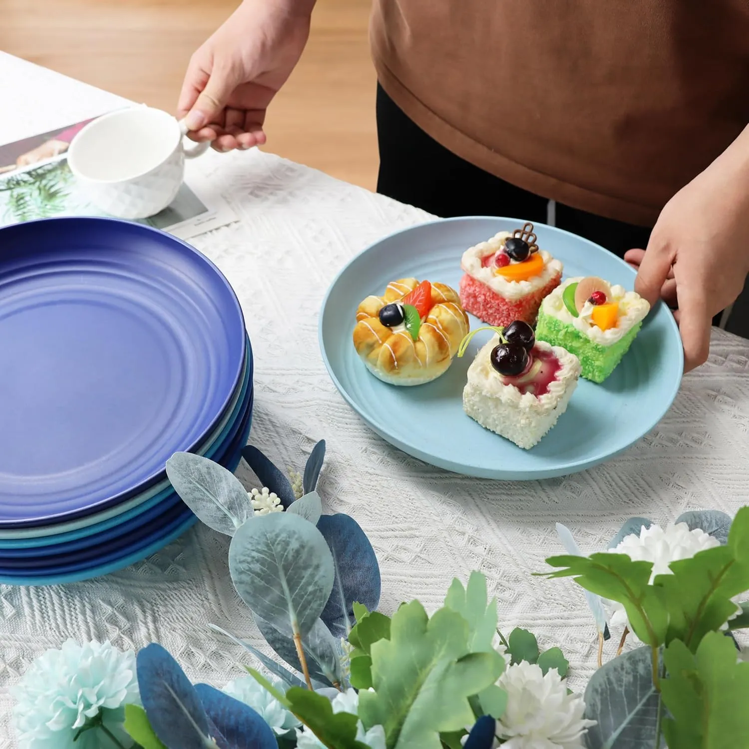 Wheat Straw Dinner Plates, 9 Inch Deep Set of 8, Lightweight & Unbreakable, Microwave & Dishwasher Safe Kids Plates (Blue Series)