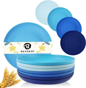 Wheat Straw Dinner Plates, 9 Inch Deep Set of 8, Lightweight & Unbreakable, Microwave & Dishwasher Safe Kids Plates (Blue Series)