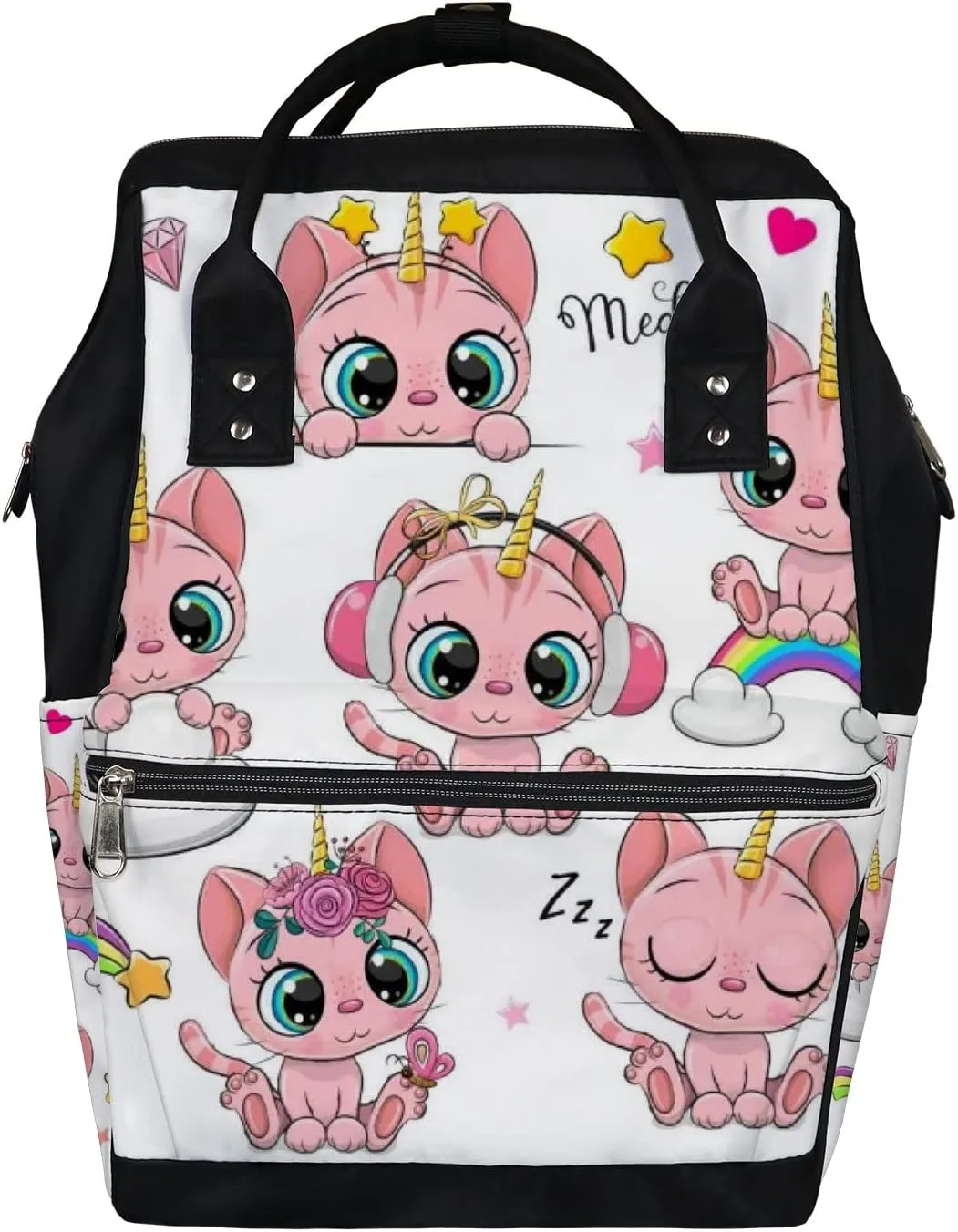 White Cute Kawaii Pink Cats Unicorns Diaper Bag Backpack, waterproof backpack Baby Nappy Changing Bags Laptop Backpack for Travel, Large Capacity, Durable and Stylish for Woman and Men.