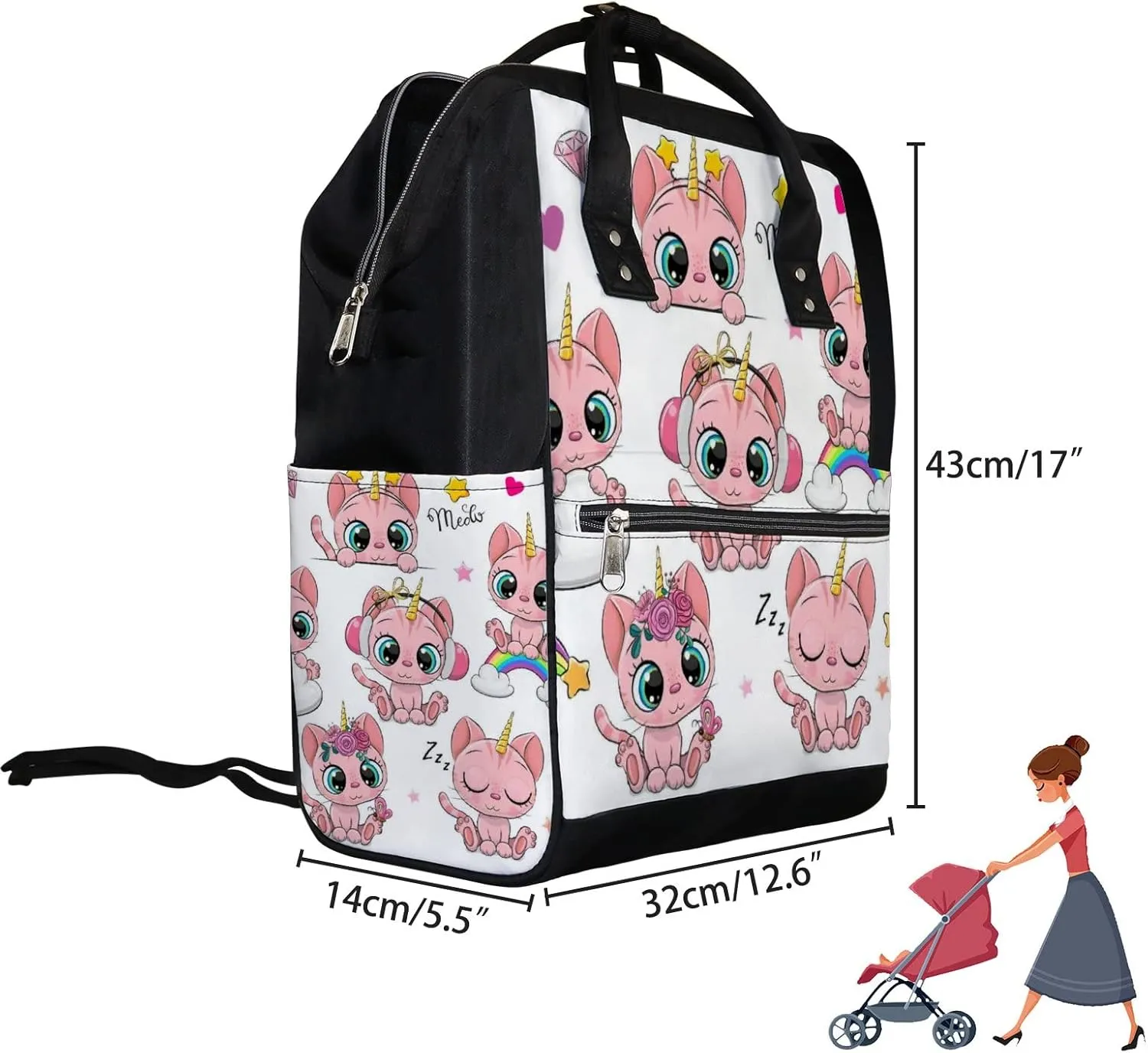White Cute Kawaii Pink Cats Unicorns Diaper Bag Backpack, waterproof backpack Baby Nappy Changing Bags Laptop Backpack for Travel, Large Capacity, Durable and Stylish for Woman and Men.