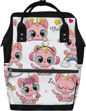 White Cute Kawaii Pink Cats Unicorns Diaper Bag Backpack, waterproof backpack Baby Nappy Changing Bags Laptop Backpack for Travel, Large Capacity, Durable and Stylish for Woman and Men.