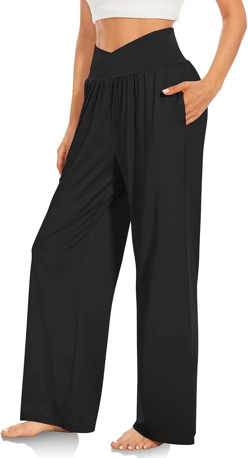 Wide Leg Yoga Pants Women Summer Lightweight Crossover Waist Athletic Pants Crossover Low Waist Running Workout Pants