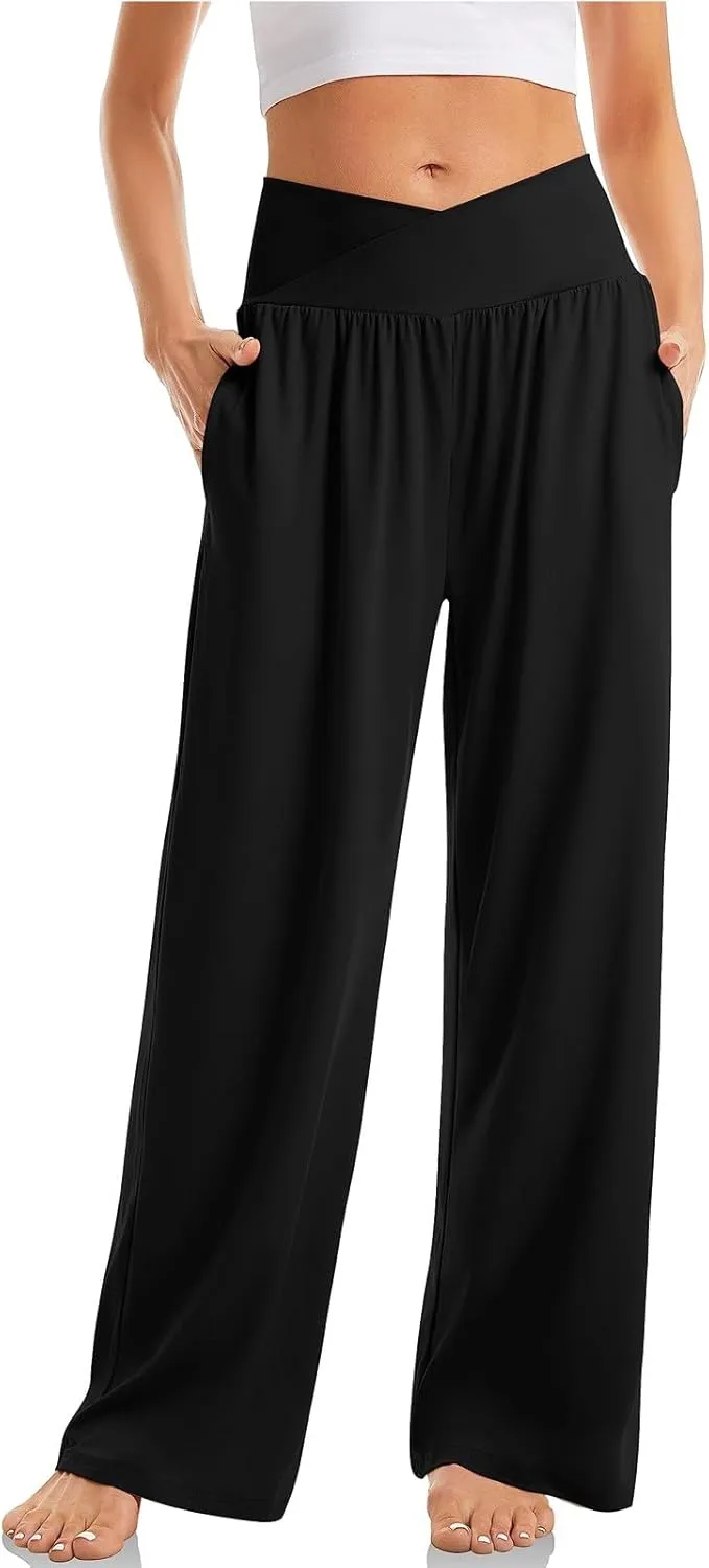 Wide Leg Yoga Pants Women Summer Lightweight Crossover Waist Athletic Pants Crossover Low Waist Running Workout Pants