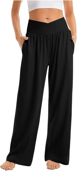 Wide Leg Yoga Pants Women Summer Lightweight Crossover Waist Athletic Pants Crossover Low Waist Running Workout Pants