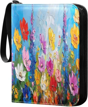 Wildflowers Painting Card Binder 4-Pocket, 400 Pockets Trading Cards Holder Games Card Albums Storage Organizer Case for Football, Baseball Cards