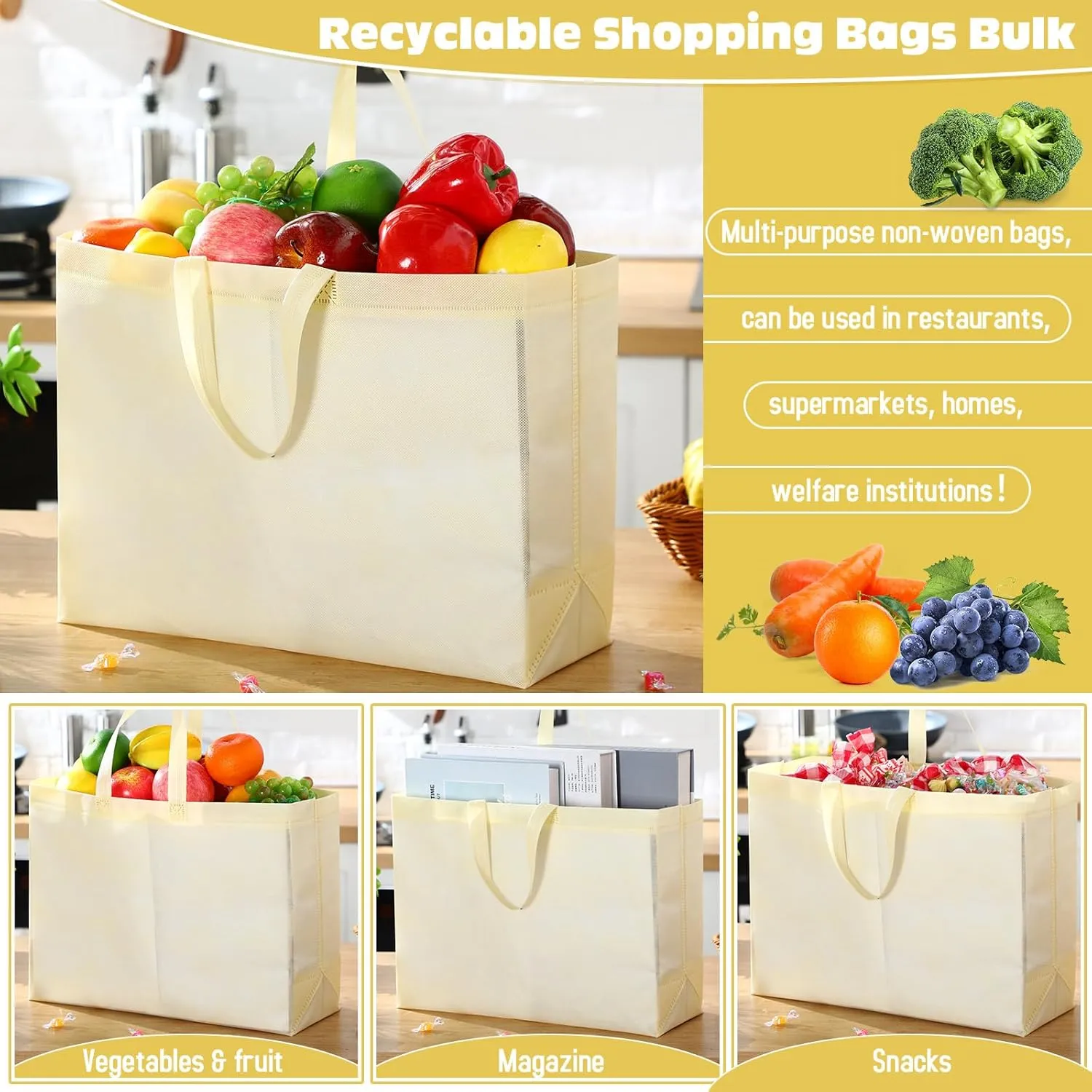 Windyun 200 Pcs Reusable Grocery Bags Large Non Woven Shopping Bags Foldable Portable Tote Carryall Bulk (Beige,16x6x12 Inch)