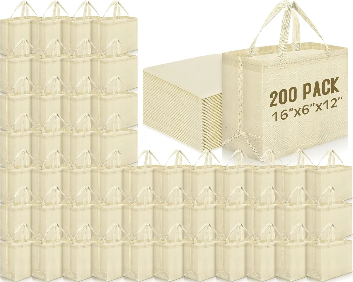 Windyun 200 Pcs Reusable Grocery Bags Large Non Woven Shopping Bags Foldable Portable Tote Carryall Bulk (Beige,16x6x12 Inch)