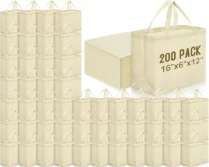Windyun 200 Pcs Reusable Grocery Bags Large Non Woven Shopping Bags Foldable Portable Tote Carryall Bulk (Beige,16x6x12 Inch)