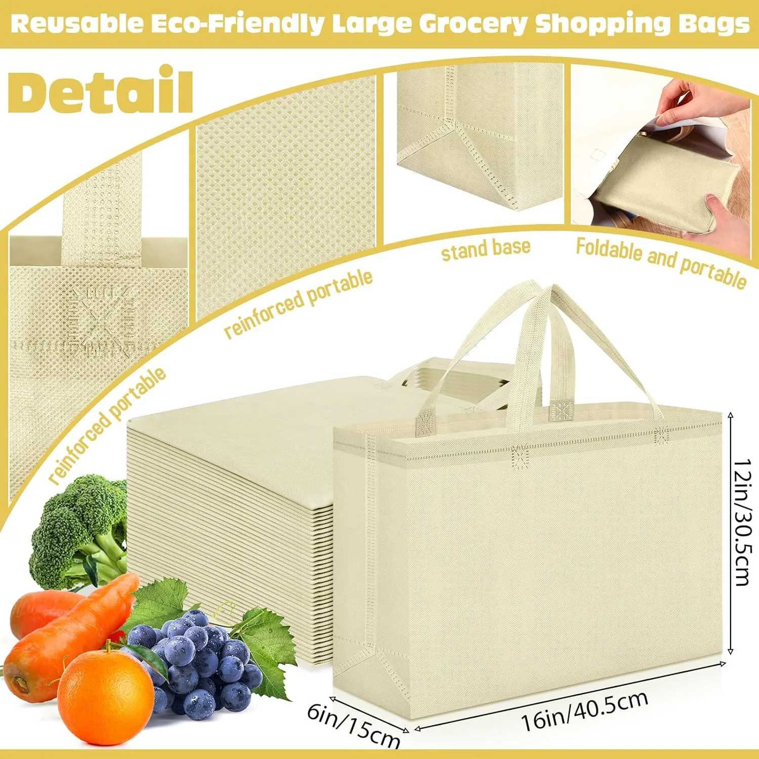 Windyun 200 Pcs Reusable Grocery Bags Large Non Woven Shopping Bags Foldable Portable Tote Carryall Bulk (Beige,16x6x12 Inch)
