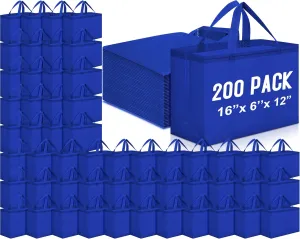 Windyun 200 Pcs Reusable Grocery Bags Large Non Woven Shopping Bags Foldable Portable Tote Carryall Bulk(Blue)