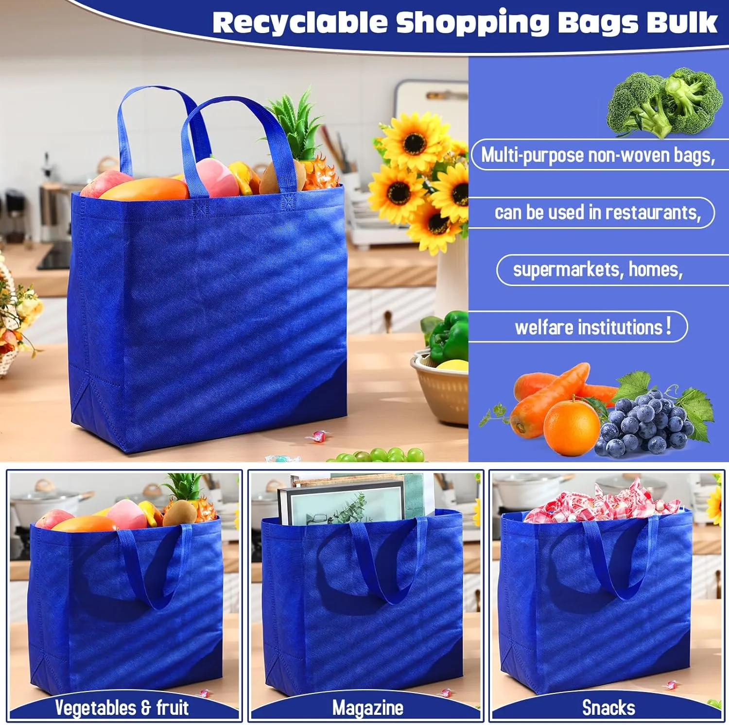 Windyun 200 Pcs Reusable Grocery Bags Large Non Woven Shopping Bags Foldable Portable Tote Carryall Bulk(Blue)