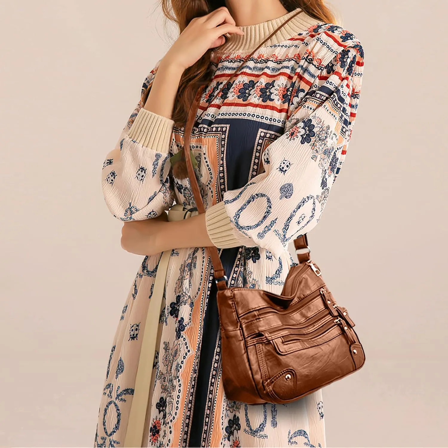 WITERY Crossboby Bag for Women - Soft PU Leather Multi-Pocket Shoulder Bag Handbag with Adjustable Strap