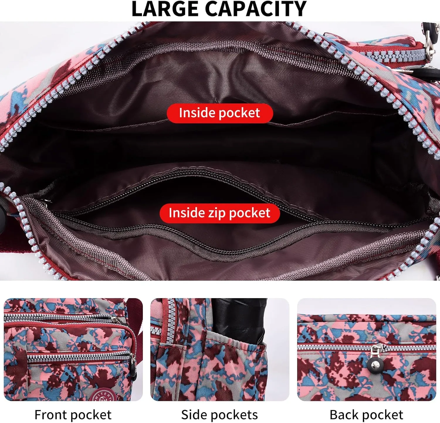 WITERY Nylon Shoulder Bags for Women - Multi-Pocket Zipper Waterproof Travel Purse Casual Small Lightweight Messenger Bag
