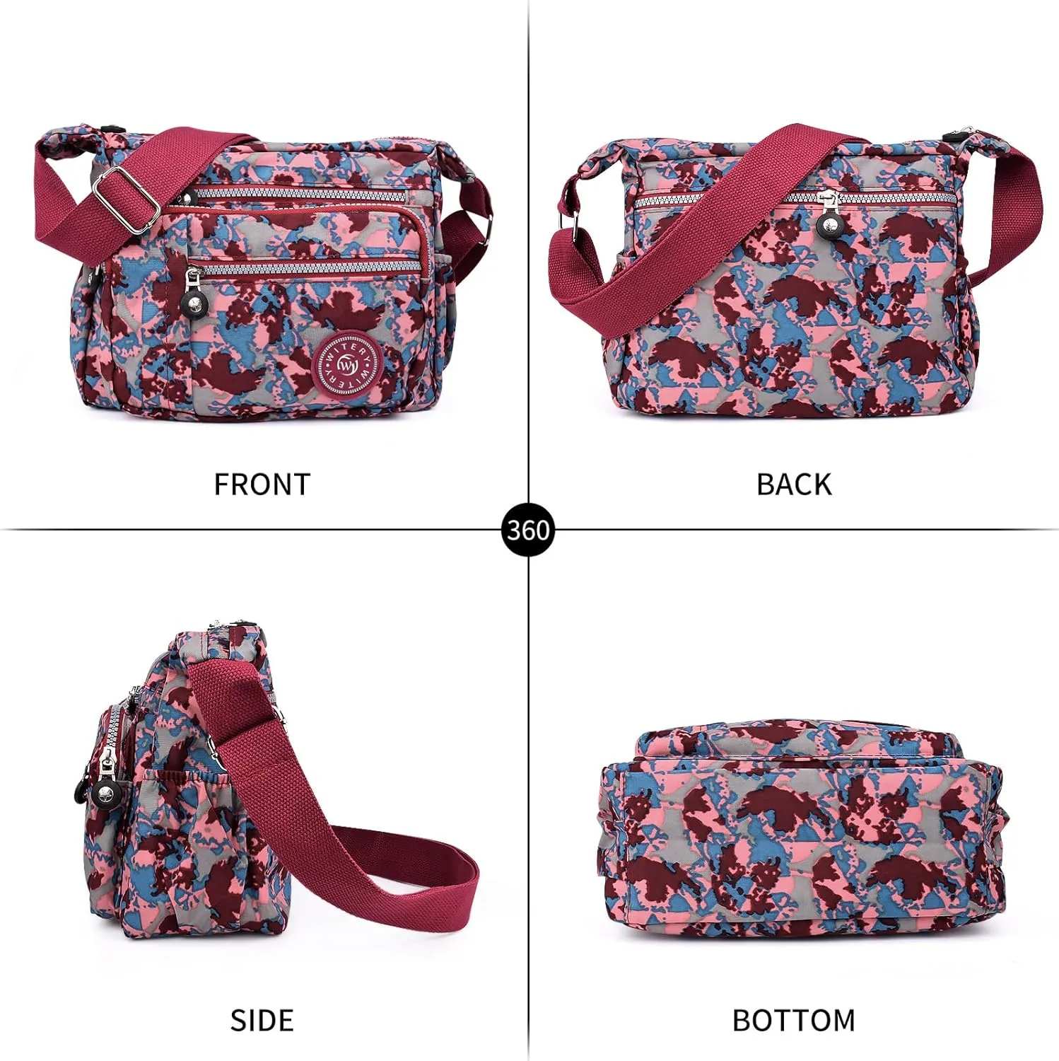 WITERY Nylon Shoulder Bags for Women - Multi-Pocket Zipper Waterproof Travel Purse Casual Small Lightweight Messenger Bag