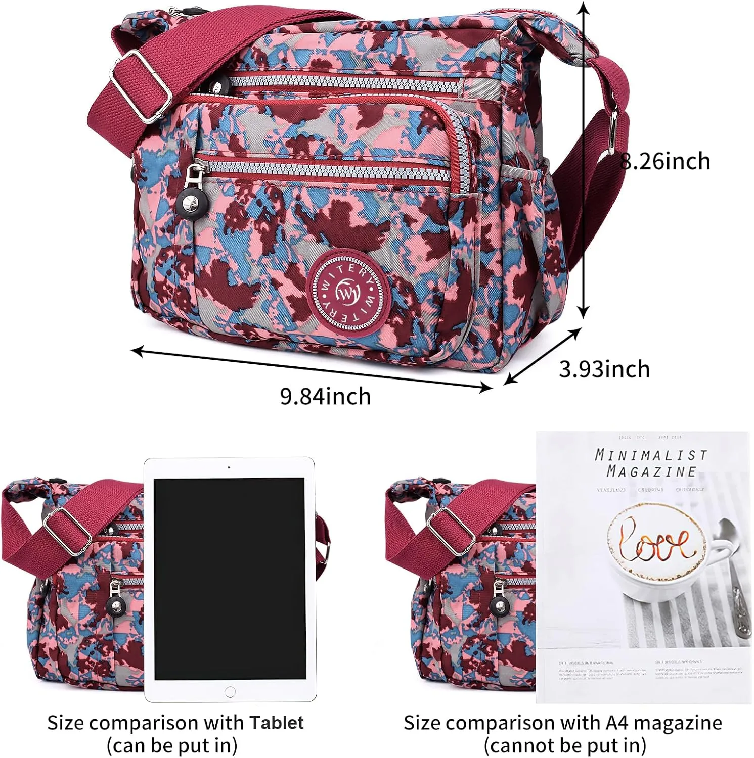WITERY Nylon Shoulder Bags for Women - Multi-Pocket Zipper Waterproof Travel Purse Casual Small Lightweight Messenger Bag