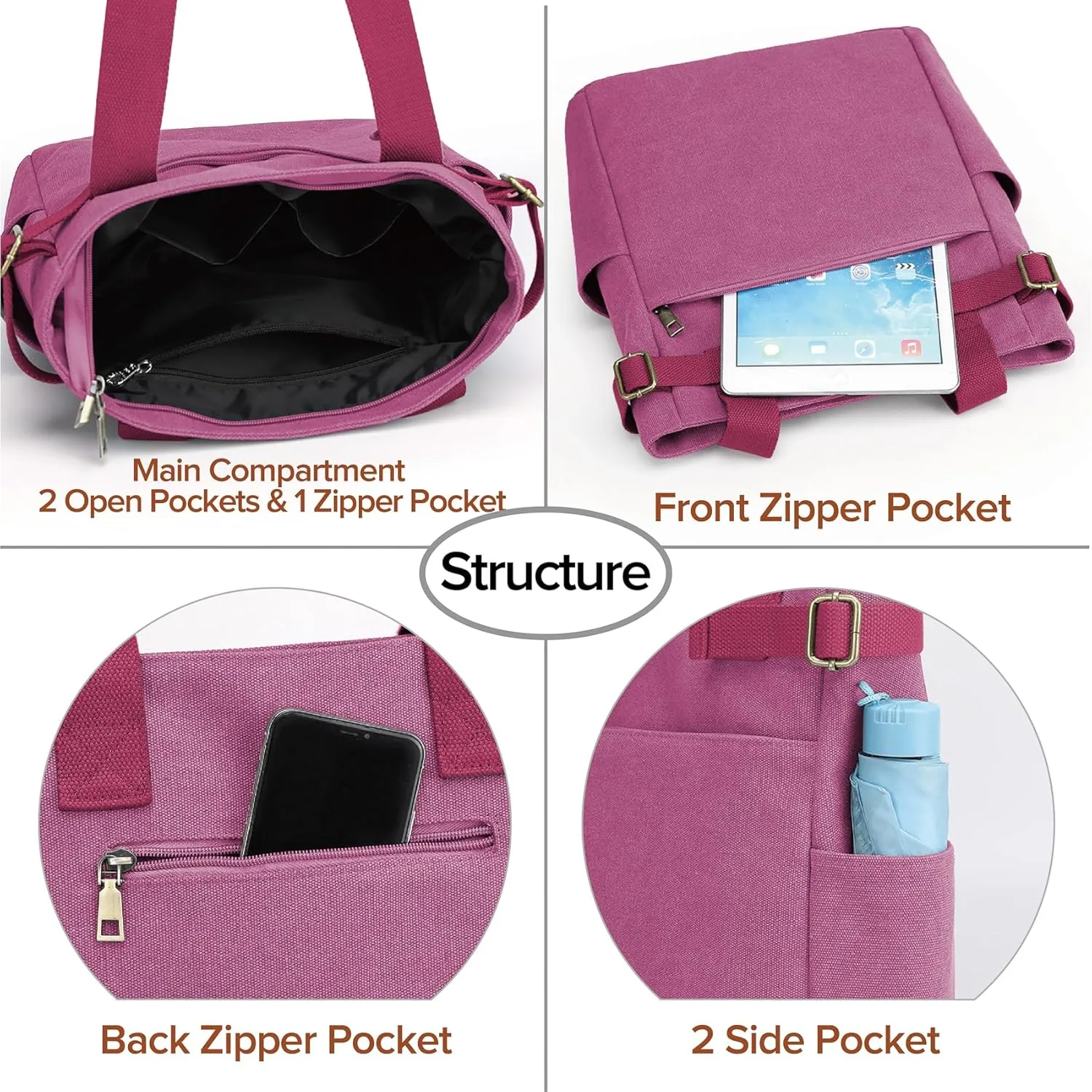 Women Canvas Tote Bag,Multi-Pocket Large Shoulder Bag Casual Handbag with Zipper for Work Daily Use