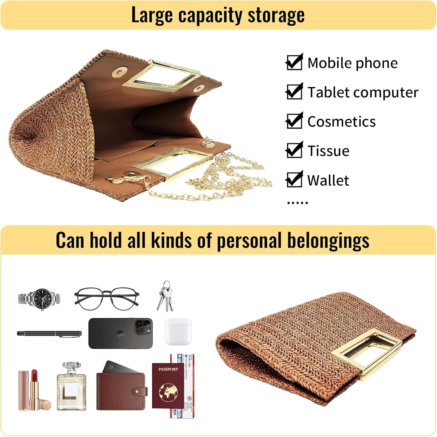 Women Clutch Top Handbags Straw Raffia Bag Purse Woven Tote CrossBag for Women Beach Summer Travel