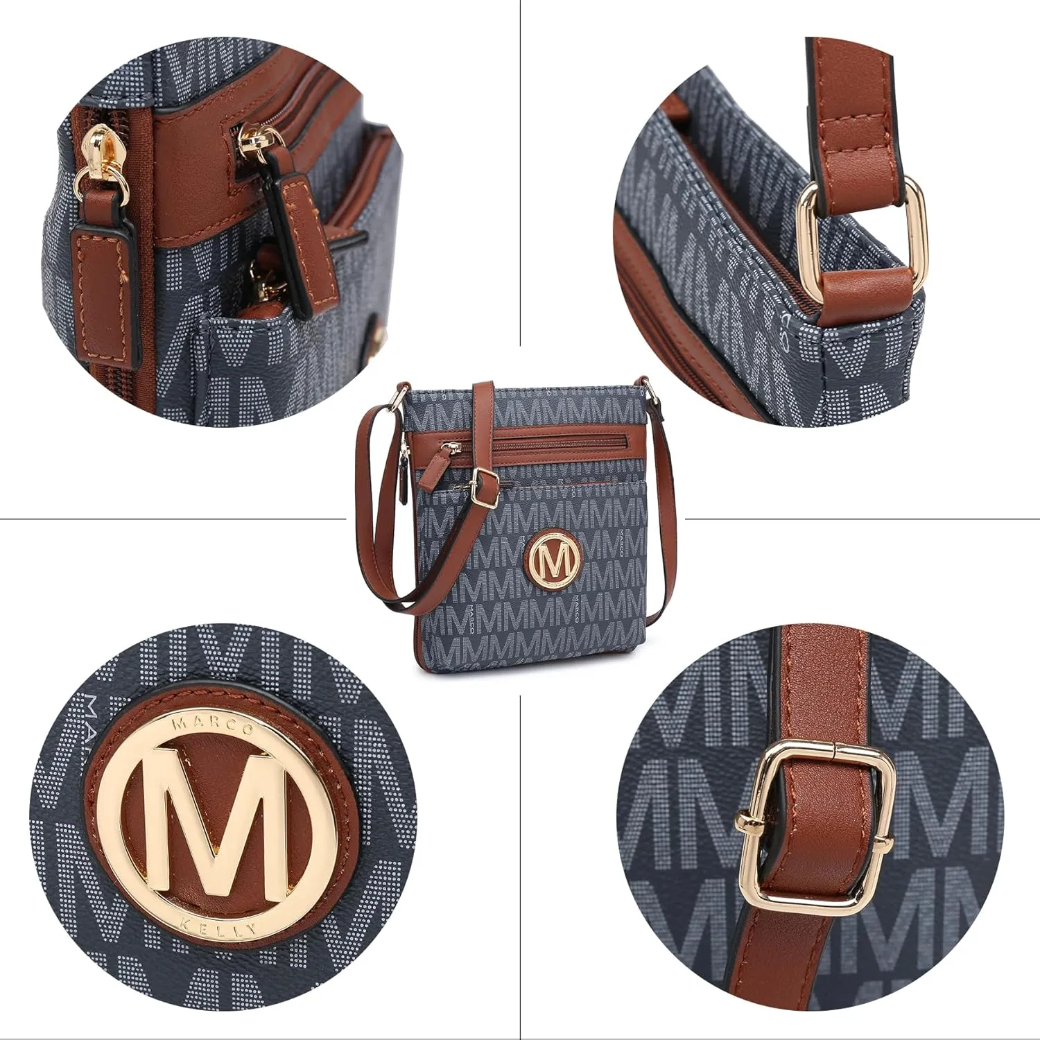 Women Crossbody Purses Multi Pockets Large Signature Monogram Zip Shoulder Bags Ladies PU Leather Handbag