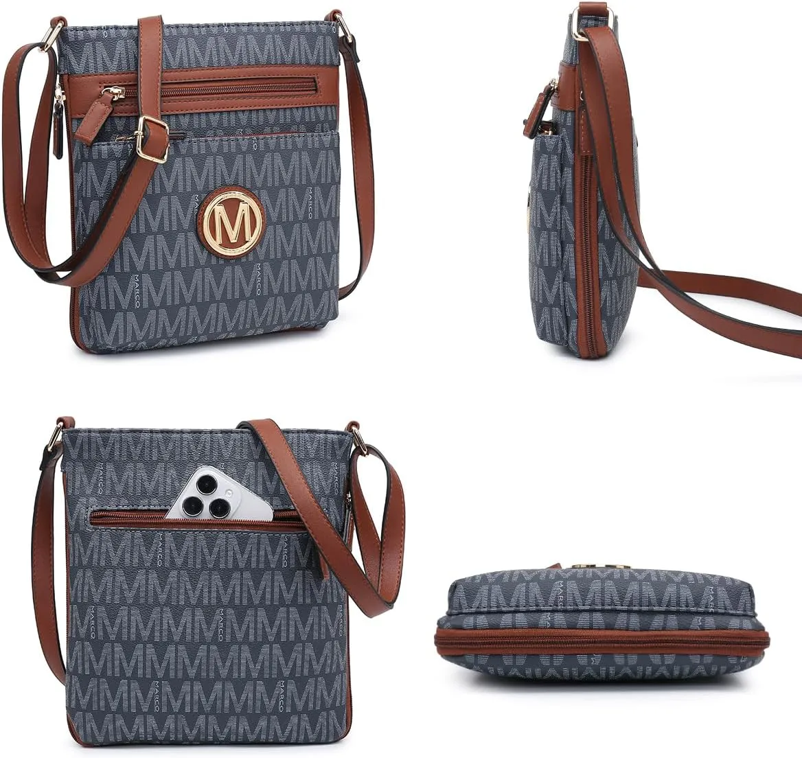 Women Crossbody Purses Multi Pockets Large Signature Monogram Zip Shoulder Bags Ladies PU Leather Handbag