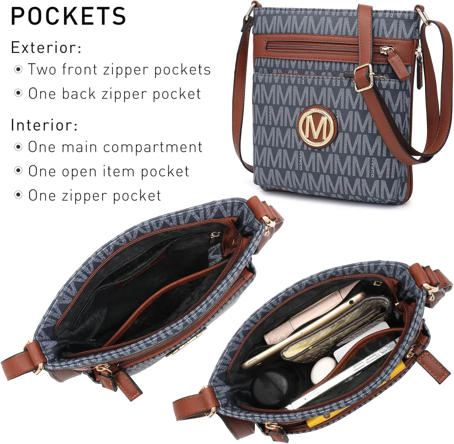 Women Crossbody Purses Multi Pockets Large Signature Monogram Zip Shoulder Bags Ladies PU Leather Handbag