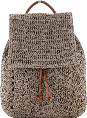 Women Medium Straw Handmade Woven Backpack Flap Drawstring Shoulders Bag Beach Daypack