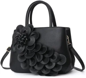 Women Petal Top Handle Handbag Purse PU Zipper Satchel Crossbody Shoulder Bag Tote Black