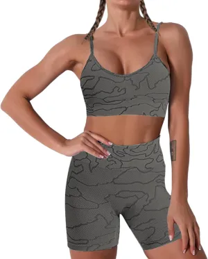 Women Seamless Yoga Set 2 Piece Workout Sport Bra with High Waist Shorts Legging Outfit Tracksuit.JNINTH