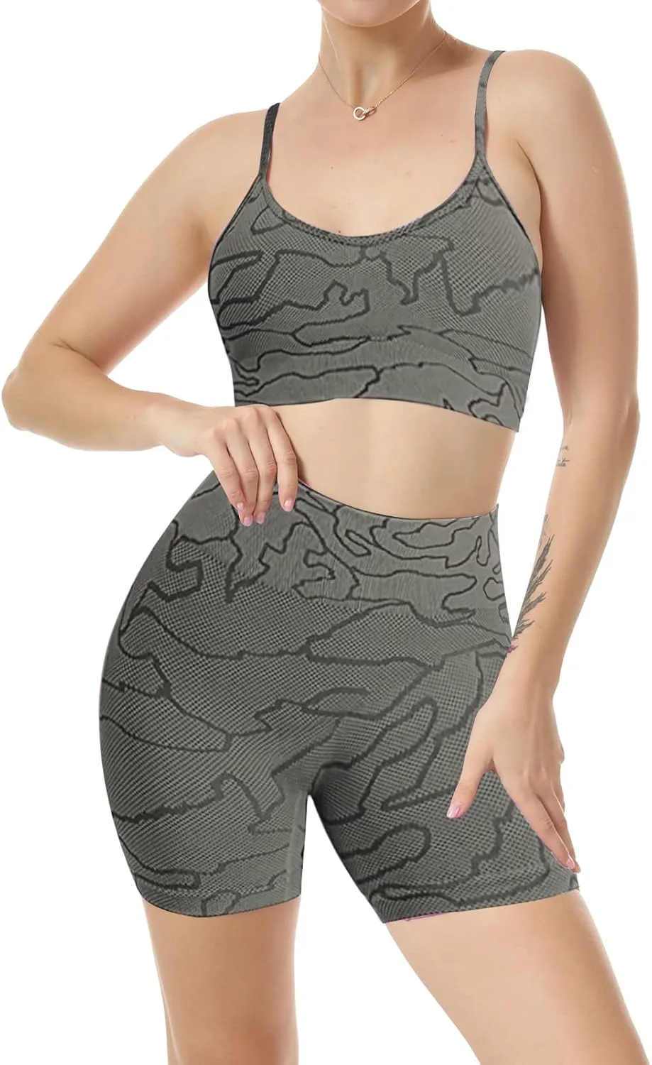 Women Seamless Yoga Set 2 Piece Workout Sport Bra with High Waist Shorts Legging Outfit Tracksuit.JNINTH