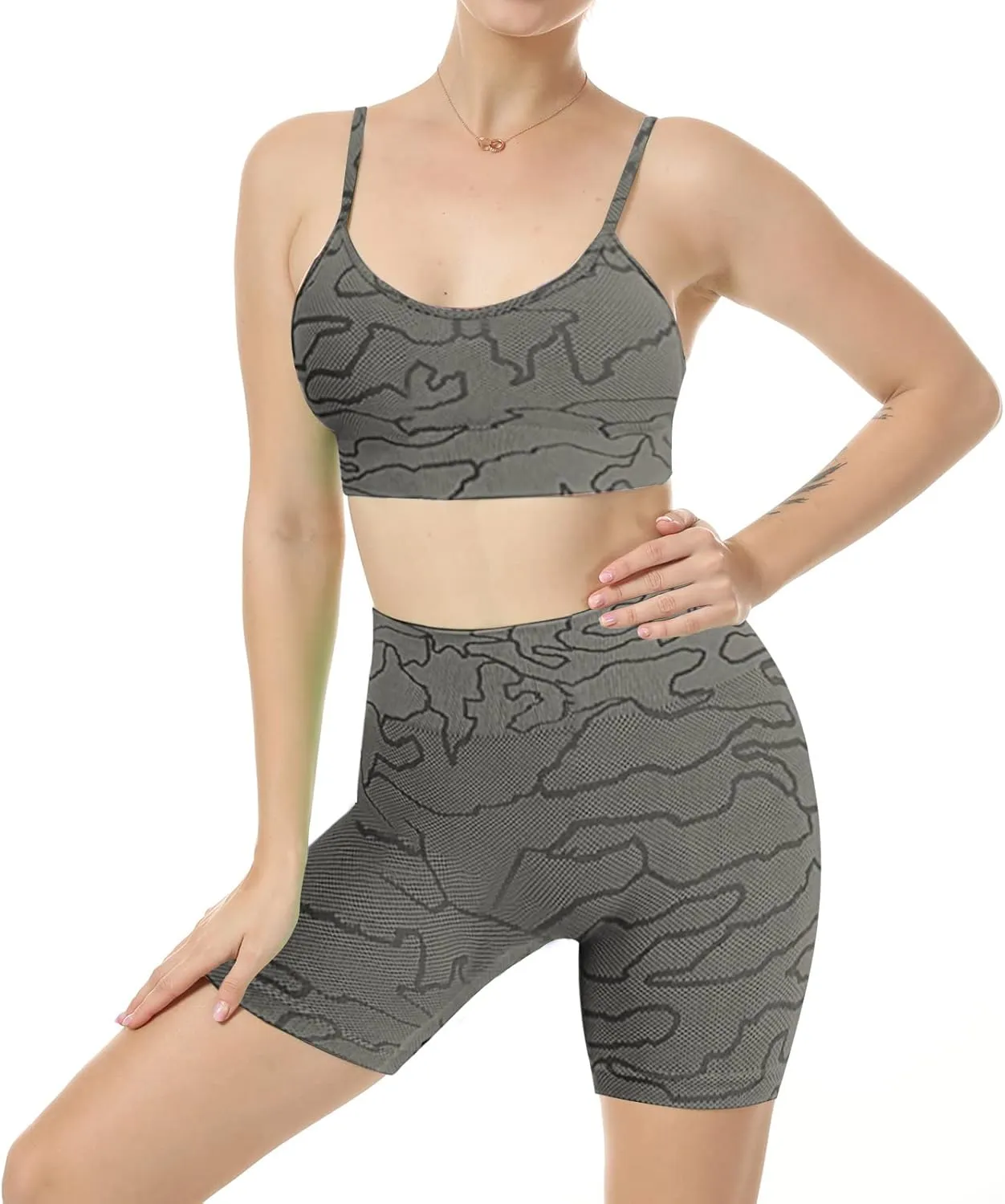 Women Seamless Yoga Set 2 Piece Workout Sport Bra with High Waist Shorts Legging Outfit Tracksuit.JNINTH