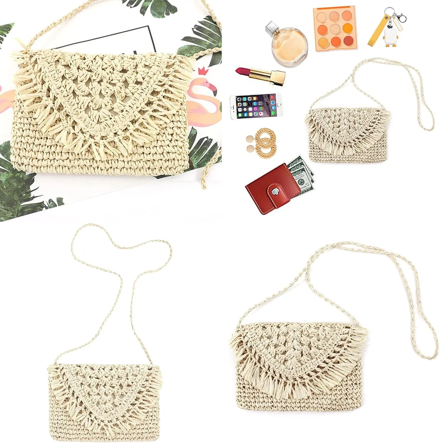 Women Small Straw Woven Cross-body Shoulder Bag Bohemian Handbag Purse