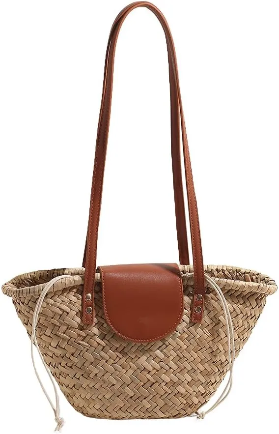 Women Straw Woven Tote Bag Fashion Woven Handbag Large Capacity Weaving Shoulder Bag with Ribbon Tote Clutch Bags for Outdoor Travel (03)