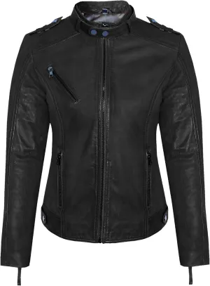 Women's Black Sheepskin Café Racer Jacket – Moto-Inspired, Hand-Waxed Finish