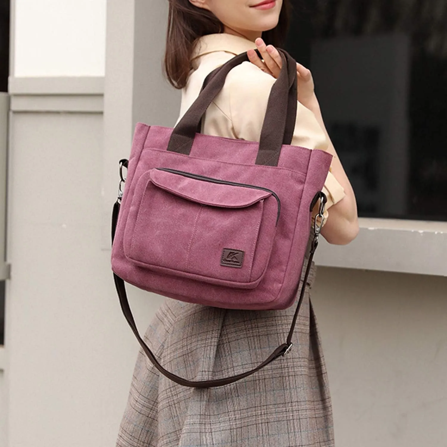 Women's Canvas Top Handle Handbag Stylish Multi-pocket Shoulder Tote Purse Work Crossbody Bags (Grey) One Size