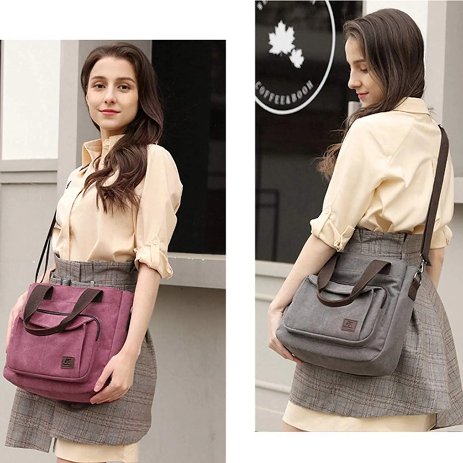 Women's Canvas Top Handle Handbag Stylish Multi-pocket Shoulder Tote Purse Work Crossbody Bags (Grey) One Size