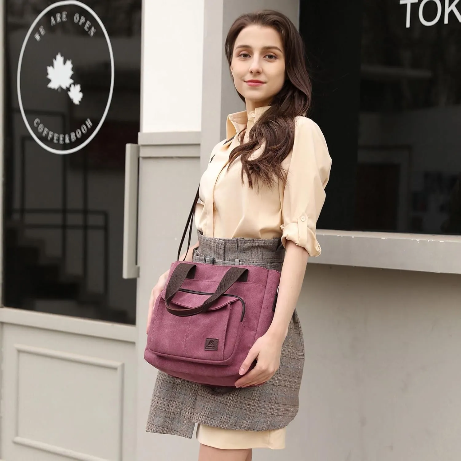 Women's Canvas Tote Purse Casual Shoulder Crossbody Bags Small Handbag, Multi-pocket Top Handle Work Bag